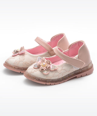 Flower Applique Party Shoe Ballerinas for Girls - Pink