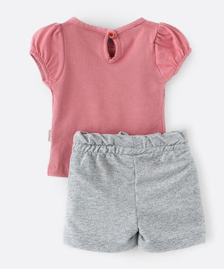 Very cool bear with sequins glass tee with grey shorts set for girls- peach