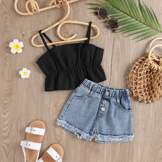Cotton black crop top with denim shorts set for girls-mybabyqlo.com