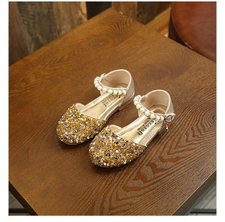Golden Crystal slip on with pearl bead hook and loop sandals for girls - shopfils.com