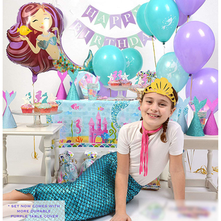 Cookieducks Mermaid Theme Birthday Party Supplies | Birthday Party Tableware Paper Plates Napkins Cups Serves 10 with Balloons and Birthday Banner