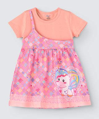 One shoulder unicorn Printed Spaghetti dress with attached t-shirt for Girls
