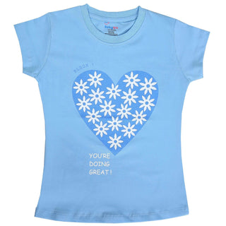 Babyqlo Heart with flower printed sky blue cotton tee for girls
