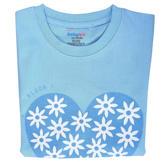 Babyqlo Heart with flower printed sky blue cotton tee for girls