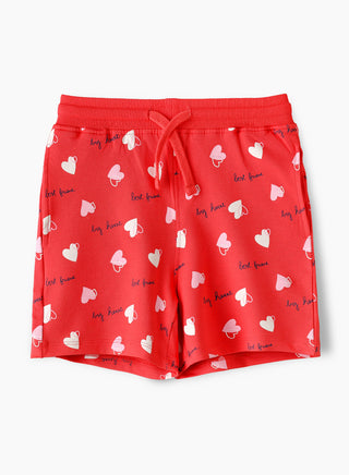 Heart All Over Print Shorts with Drawstring Waist - Red