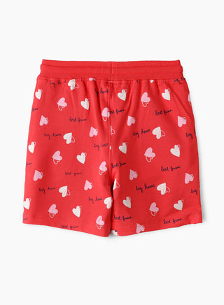 Heart All Over Print Shorts with Drawstring Waist - Red