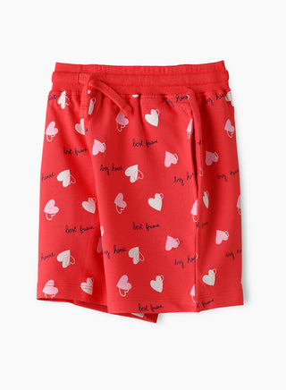 Heart All Over Print Shorts with Drawstring Waist - Red