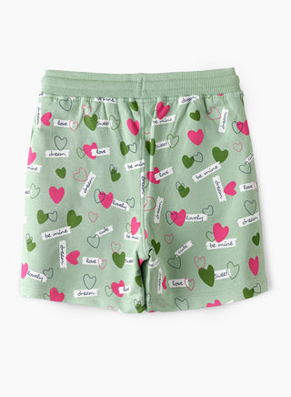 Love Hearts All Over Print Shorts with Drawstring - Green