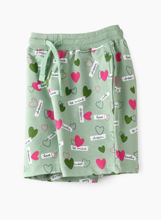 Love Hearts All Over Print Shorts with Drawstring - Green