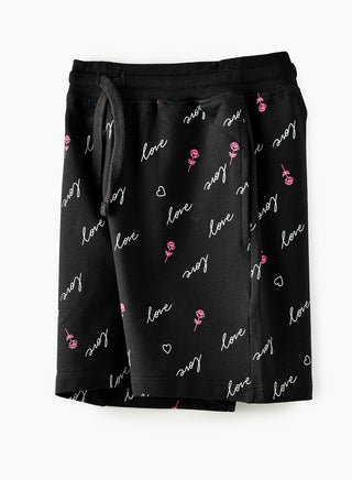 Love All Over Print Shorts with Drawstring - Black