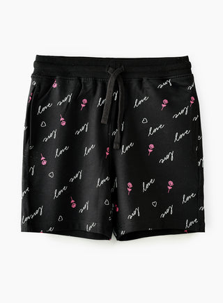 Love All Over Print Shorts with Drawstring - Black