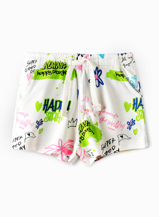 Happy Summer Graffiti Print Shorts with Drawstring - Multicolor