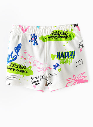 Happy Summer Graffiti Print Shorts with Drawstring - Multicolor