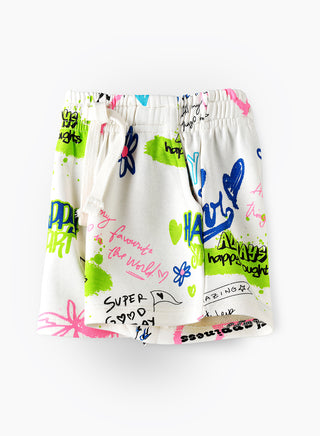 Happy Summer Graffiti Print Shorts with Drawstring - Multicolor