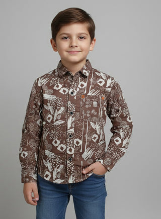 Boys Printed Brown Cotton Casual Shirt