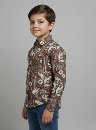 Boys Printed Brown Cotton Casual Shirt