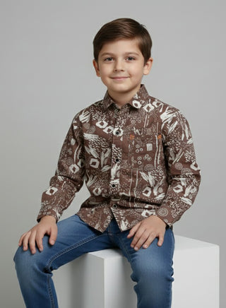 Boys Printed Brown Cotton Casual Shirt
