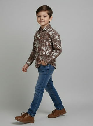 Boys Printed Brown Cotton Casual Shirt