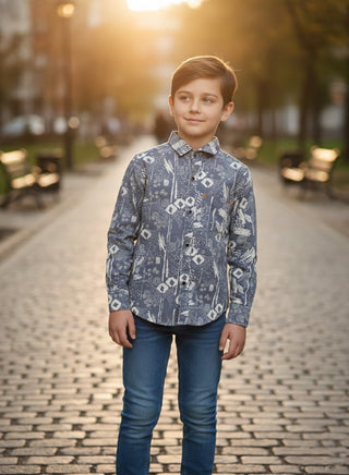 Boys Printed Sky Cotton Casual Shirt