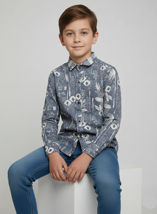 Boys Printed Sky Cotton Casual Shirt