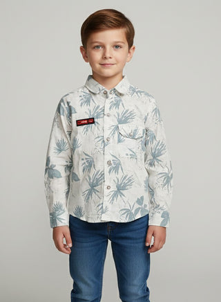 Boys Printed White Cotton Casual Shirt