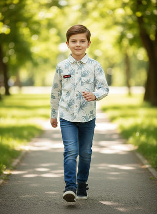 Boys Printed White Cotton Casual Shirt