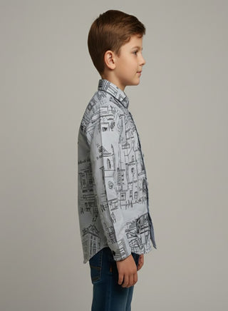 Boys Cotton Architecture Print Shirt