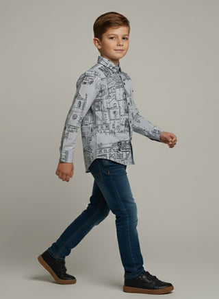 Boys Cotton Architecture Print Shirt