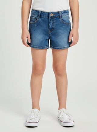 girls denim shorts, kids blue shorts, girls summer shorts UAE, stretch denim shorts girls, casual kids wear babyqlo, girls shorts with stars