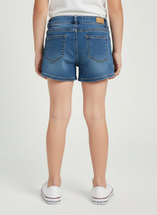 Girls' denim shorts, kids' blue shorts, girls' summer shorts in the United Arab Emirates, girls' stretch denim shorts, casual kids wearing Babyqlo, and girls' star-studded shorts