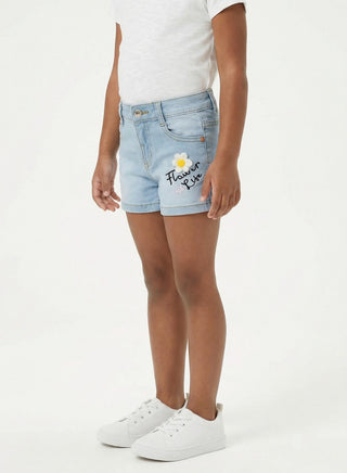 Girls Light Blue Floral Embroidered Denim Shorts