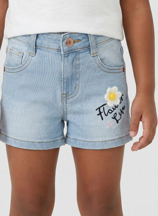 Girls Light Blue Floral Embroidered Denim Shorts