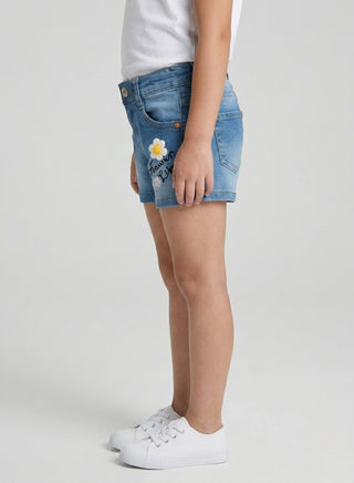 Girls Flower Patch Adjustable Waist Denim Shorts