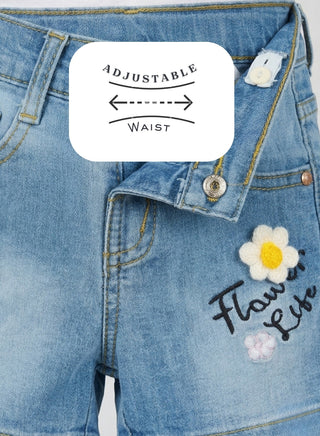 Girls Flower Patch Adjustable Waist Denim Shorts