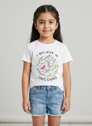 Girls  Unicorn Print White  T-Shirt