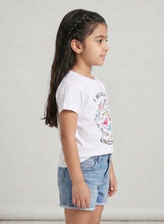 Girls  Unicorn Print White  T-Shirt