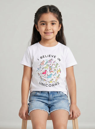 Girls  Unicorn Print White  T-Shirt