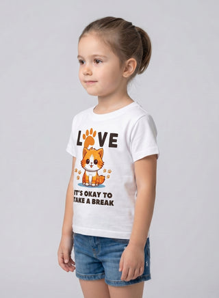 Girls Cat Love White Cotton T-Shirt