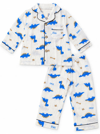 Boys Blue Dinosaur Print Muslin Cotton Nightwear Set