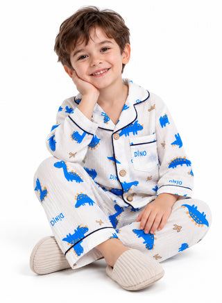 Boys Blue Dinosaur Print Muslin Cotton Nightwear Set