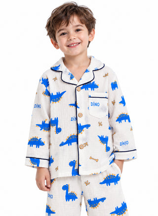 Boys Blue Dinosaur Print Muslin Cotton Nightwear Set