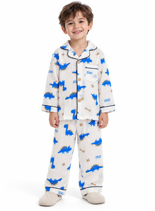 Boys Blue Dinosaur Print Muslin Cotton Nightwear Set