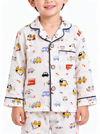 Boys Vehicle Print Muslin Cotton Nightwear Pajama Set