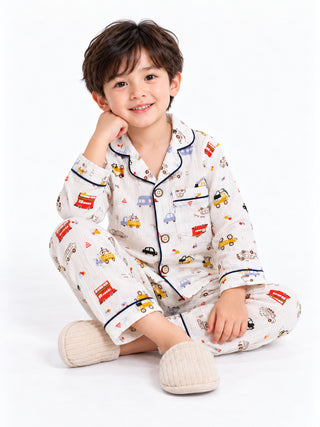 Boys Vehicle Print Muslin Cotton Nightwear Pajama Set