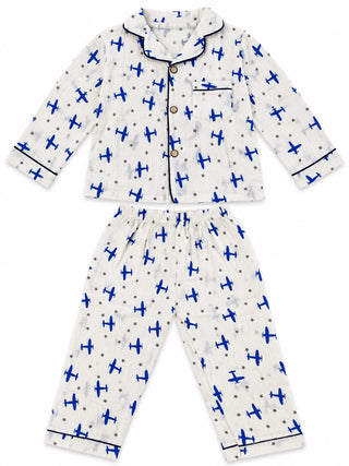 Boys Blue Airplane Print Muslin Cotton Nightwear Set