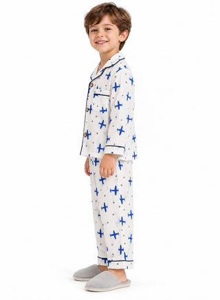 Boys Blue Airplane Print Muslin Cotton Nightwear Set