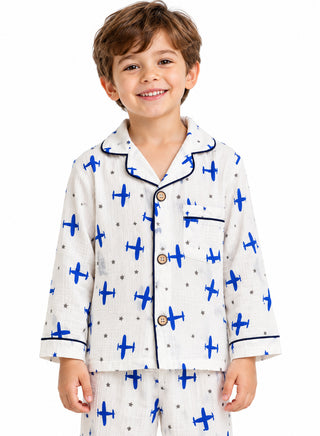 Boys Blue Airplane Print Muslin Cotton Nightwear Set