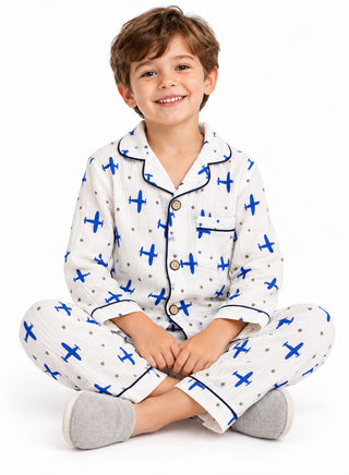 Boys Blue Airplane Print Muslin Cotton Nightwear Set