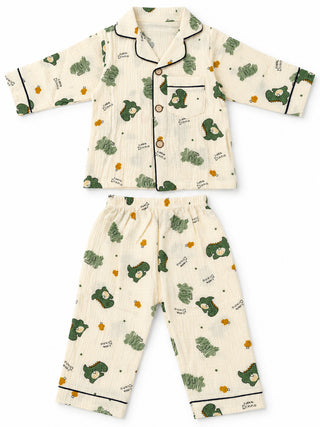 Boys Green Dinosaur Print Muslin Cotton Nightwear Set