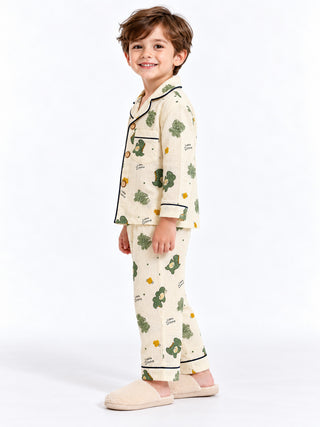 Boys Green Dinosaur Print Muslin Cotton Nightwear Set
